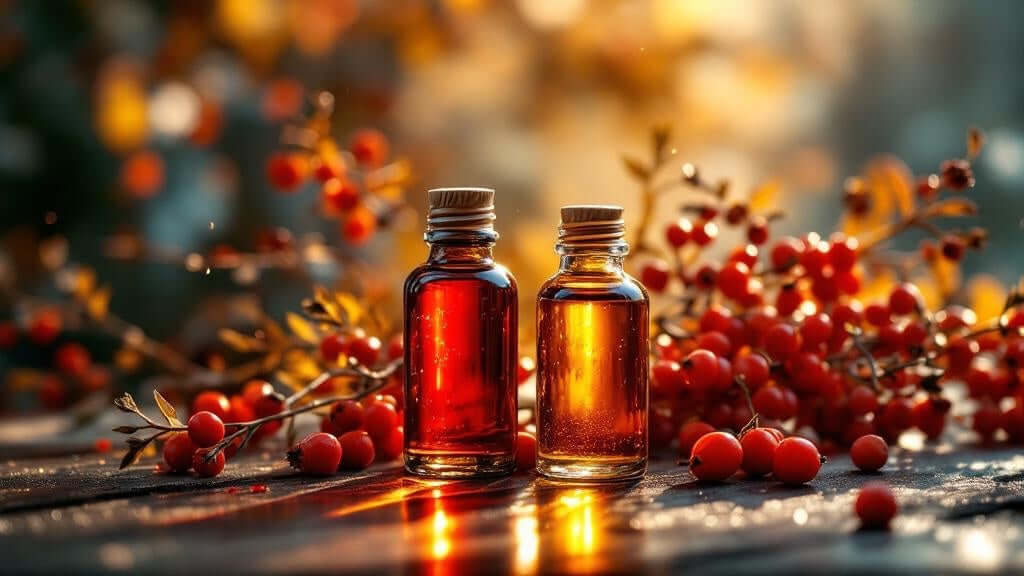 Natural retinol alternatives in bottles surrounded by rosehips, showcasing vibrant colors for radiant skin.