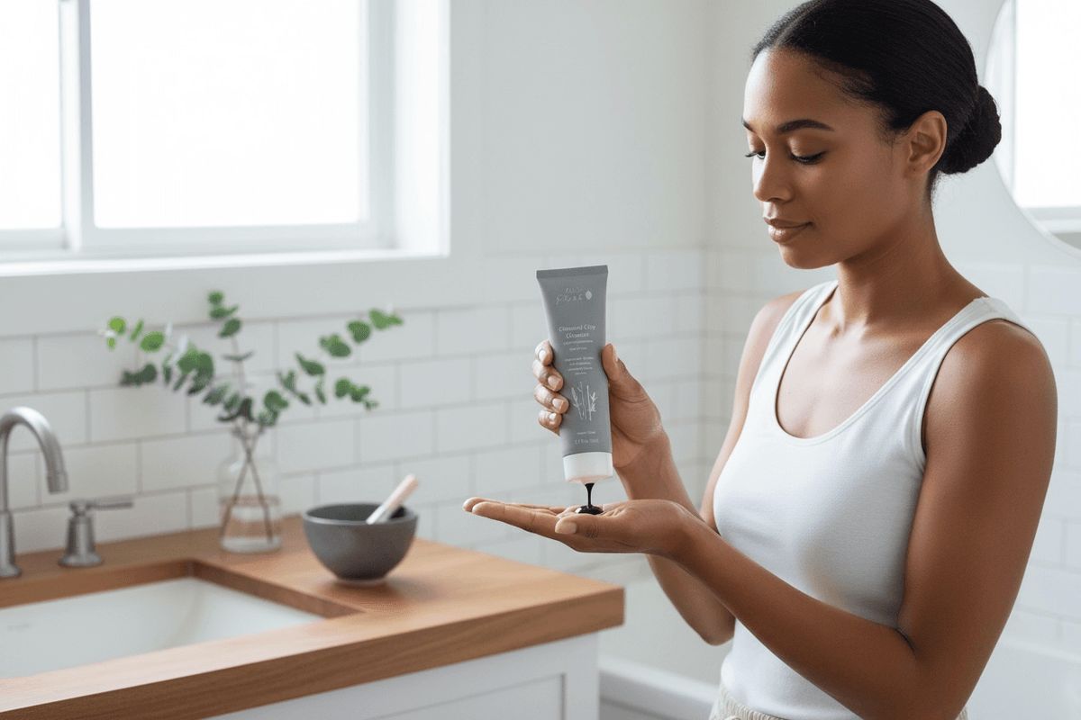 Woman applying cleanser in bathroom to avoid cleansing mistakes for healthy skin.