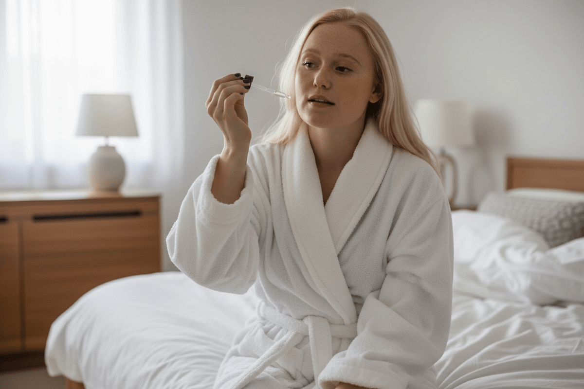 Woman in a robe applying serum, illustrating the serum or moisturizer layering guide.