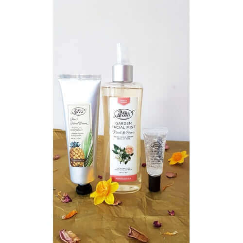 A display of skincare products including a garden facial mist, highlighting the magical properties of mist is magical.