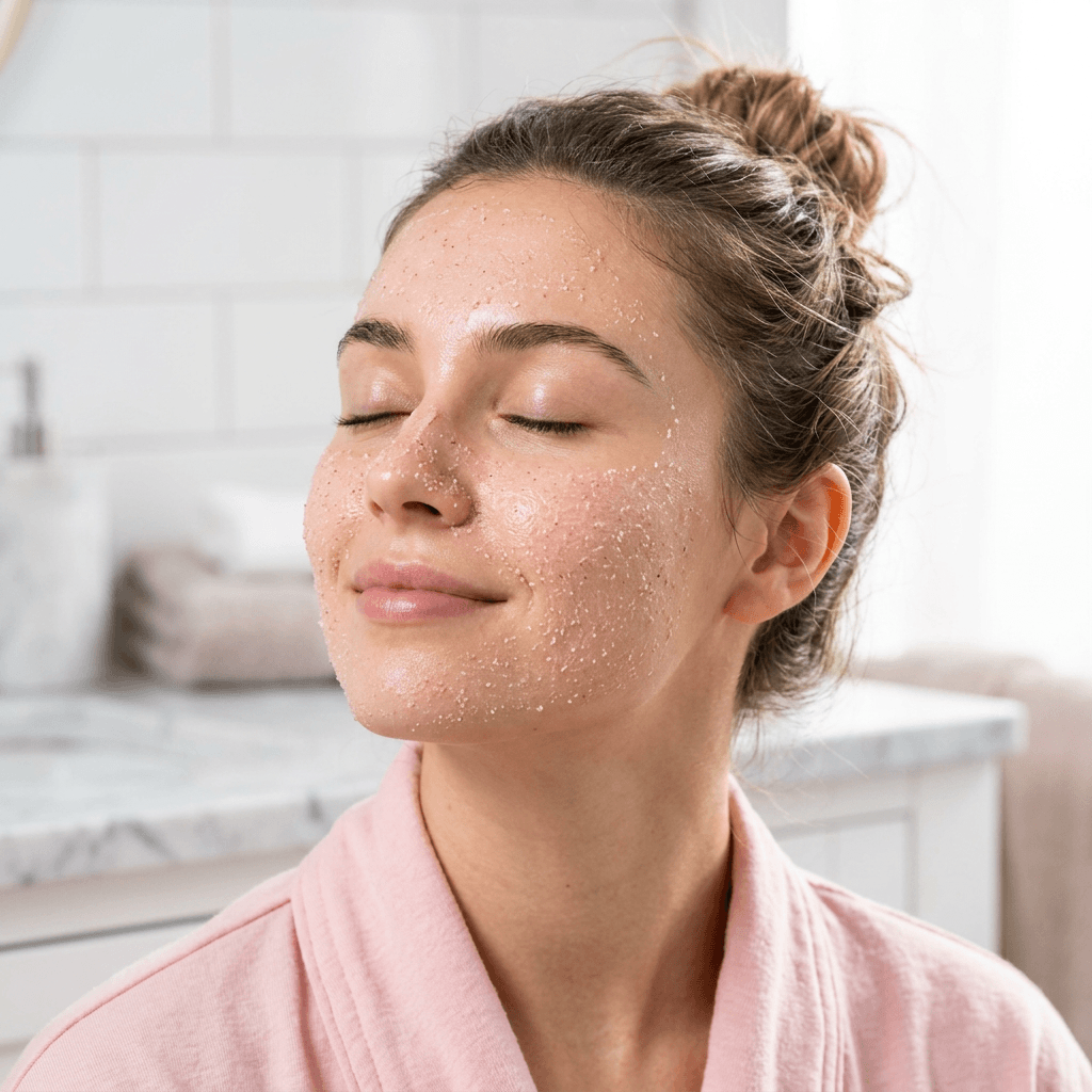 Woman enjoying radiant skin exfoliating scrubs while relaxing in a bathroom setting.
