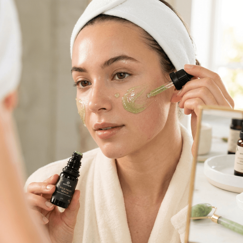 woman applying best repair serums for healthy skin on her face with a dropper