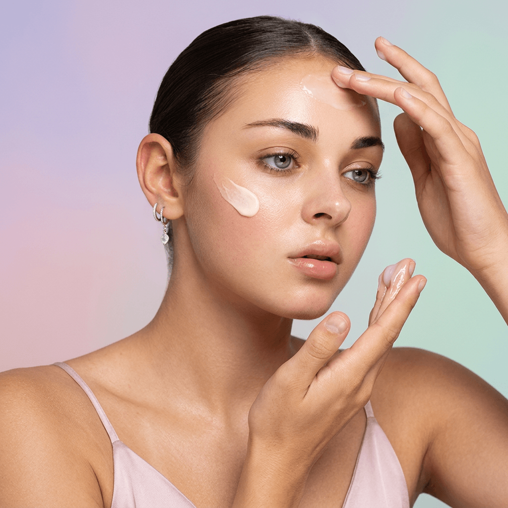 Woman applying cream to her face, featuring the best moisturisers for dry skin.