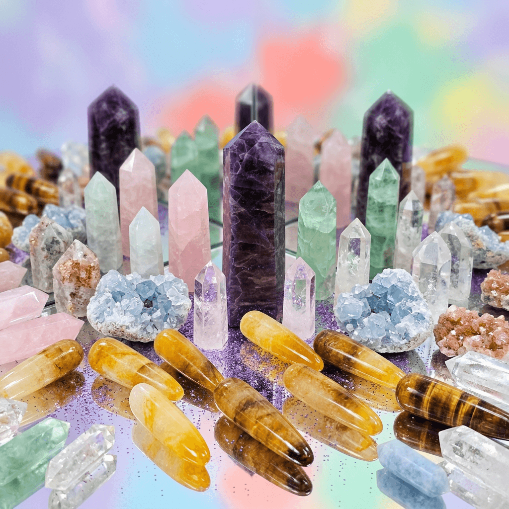 A vibrant display of healing energy crystals arranged beautifully around a reflective surface.