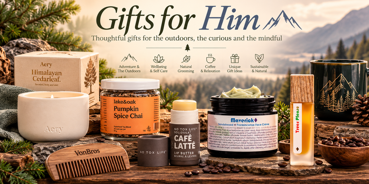 Gifts for Him natural grooming, fragrance, candles and coffee collection banner