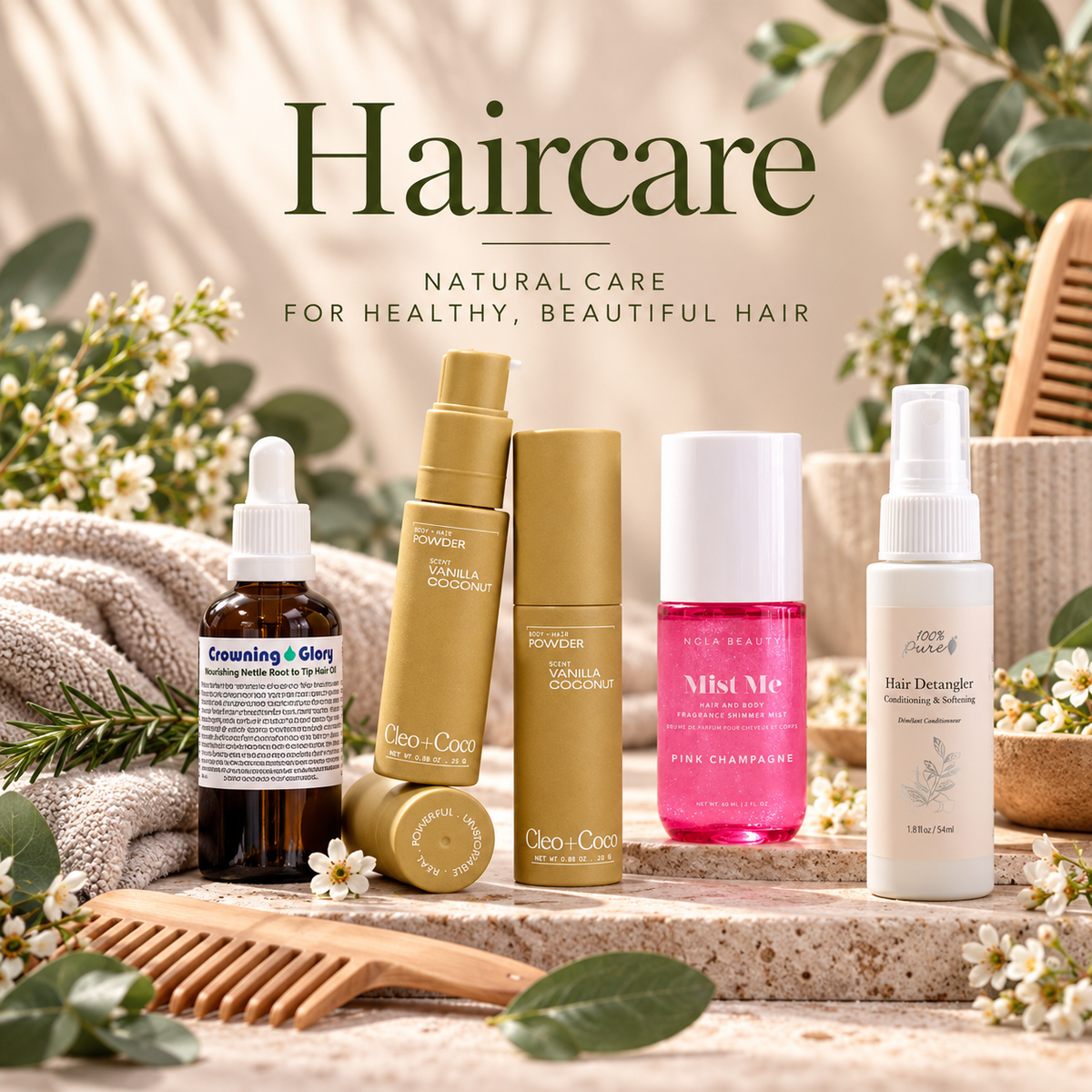 Natural haircare collection featuring botanical hair oils, detangler, styling products and hair mist