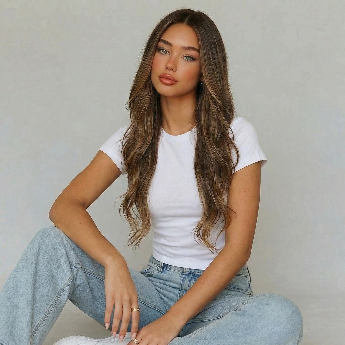 Model wearing a long highlighted brown body wave wig with soft waves, dressed in a white t-shirt and blue jeans.