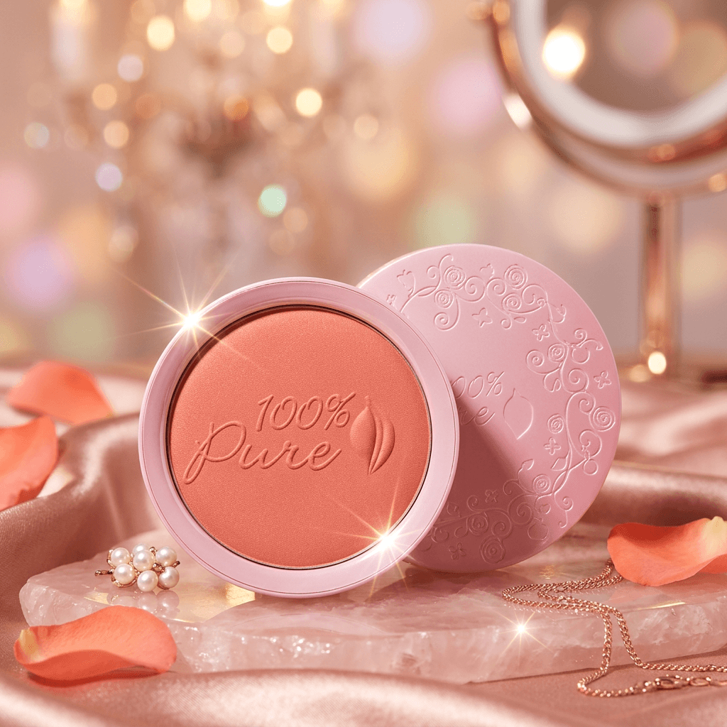 100% Pure blush compact with pink lid on a decorative background with jewelry and flowers.