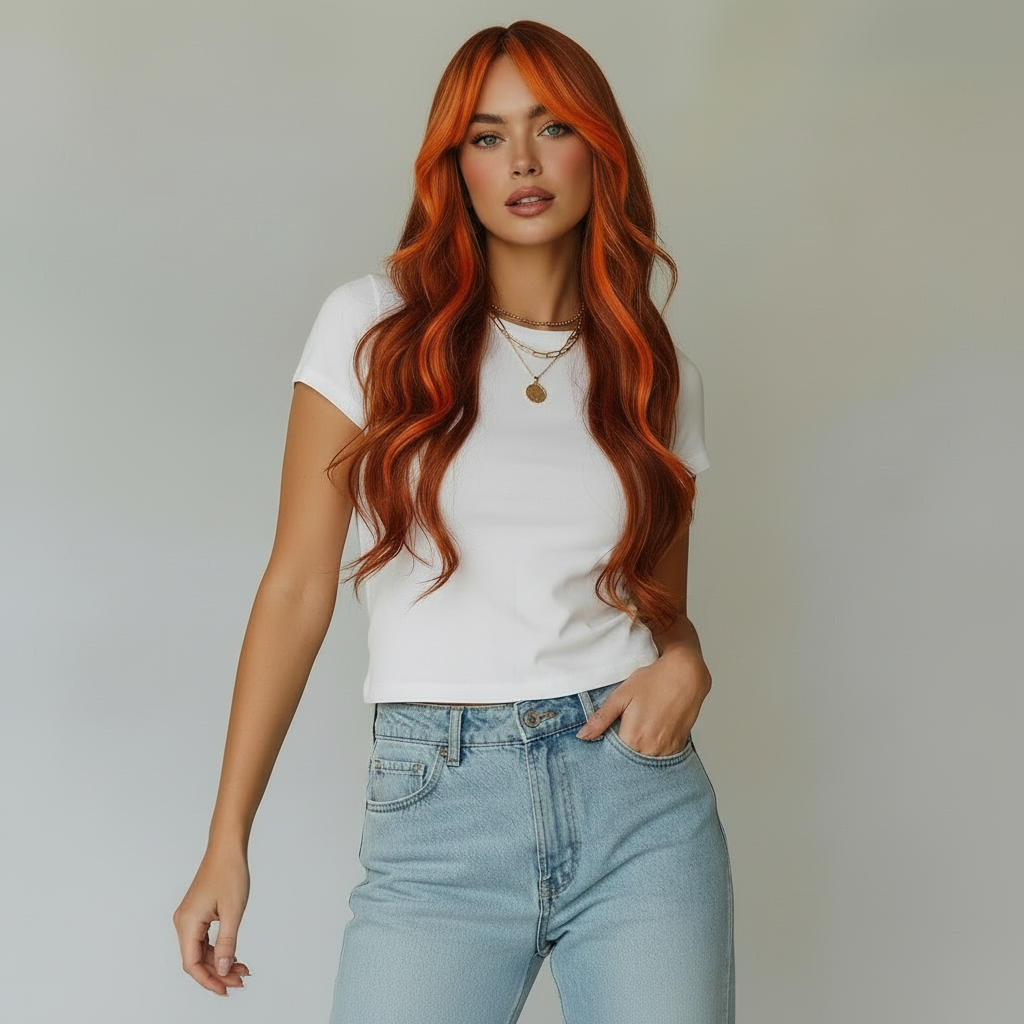 Model wearing a long black wig with orange highlights, showcasing vibrant hair against a neutral background.
