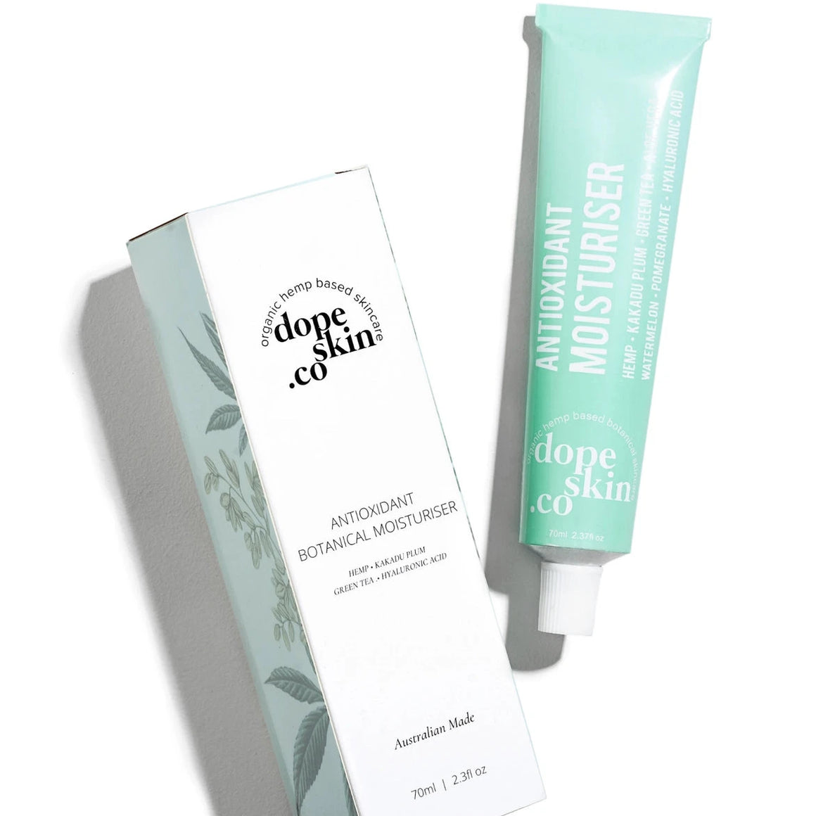 Antioxidant Botanical Moisturiser by Dope Skin in a tube and box, promoting lightweight hydration and skin protection.