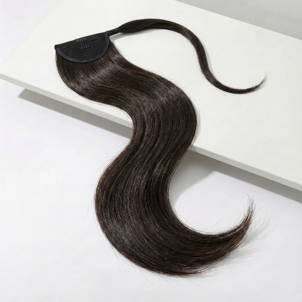 Espresso brown ponytail hair extension resting on a white surface, showcasing its silky straight texture.