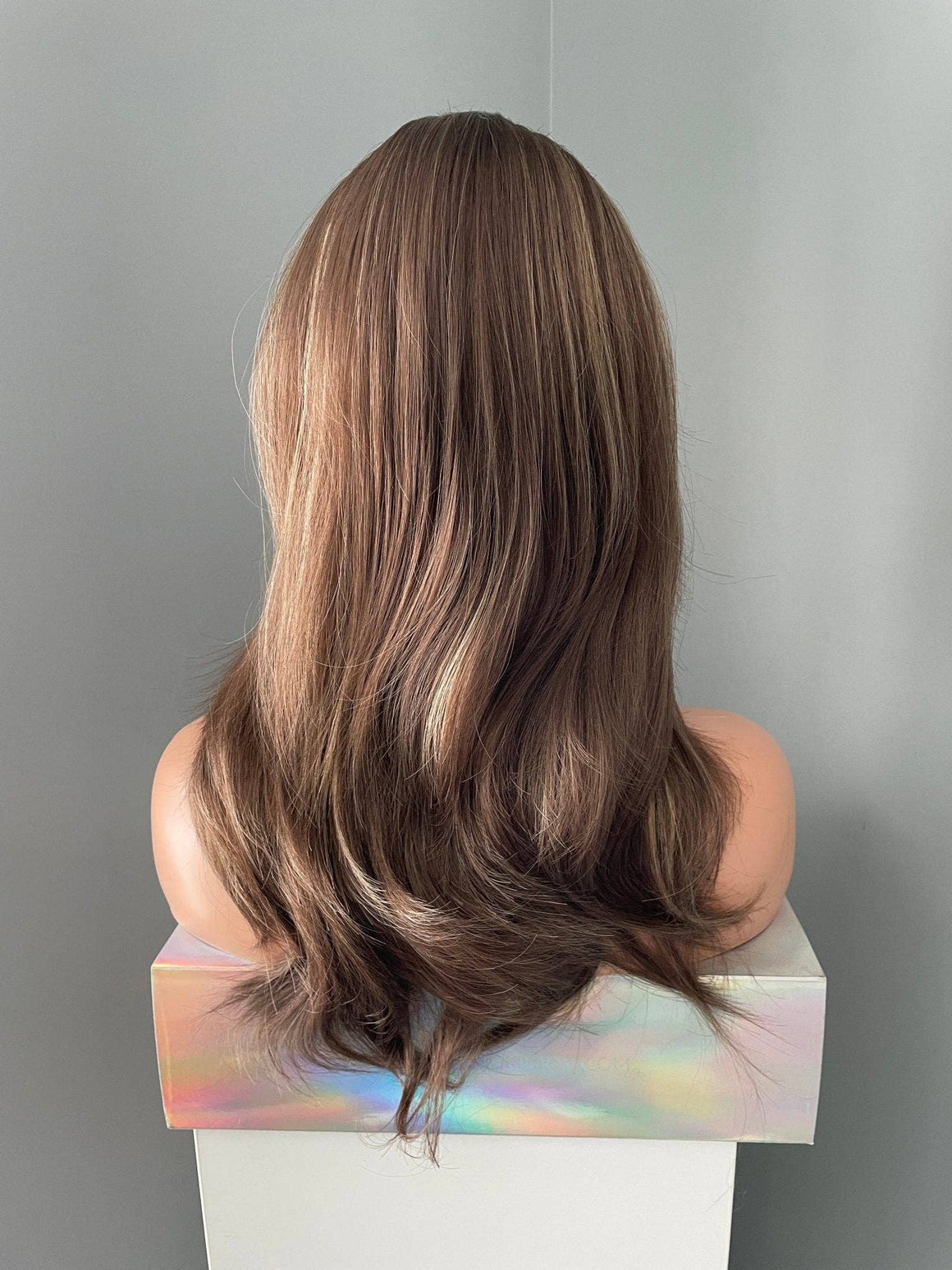 Yaz Brown Layered Wig with Blonde Highlights showcasing a natural flow and dimension from the back view.