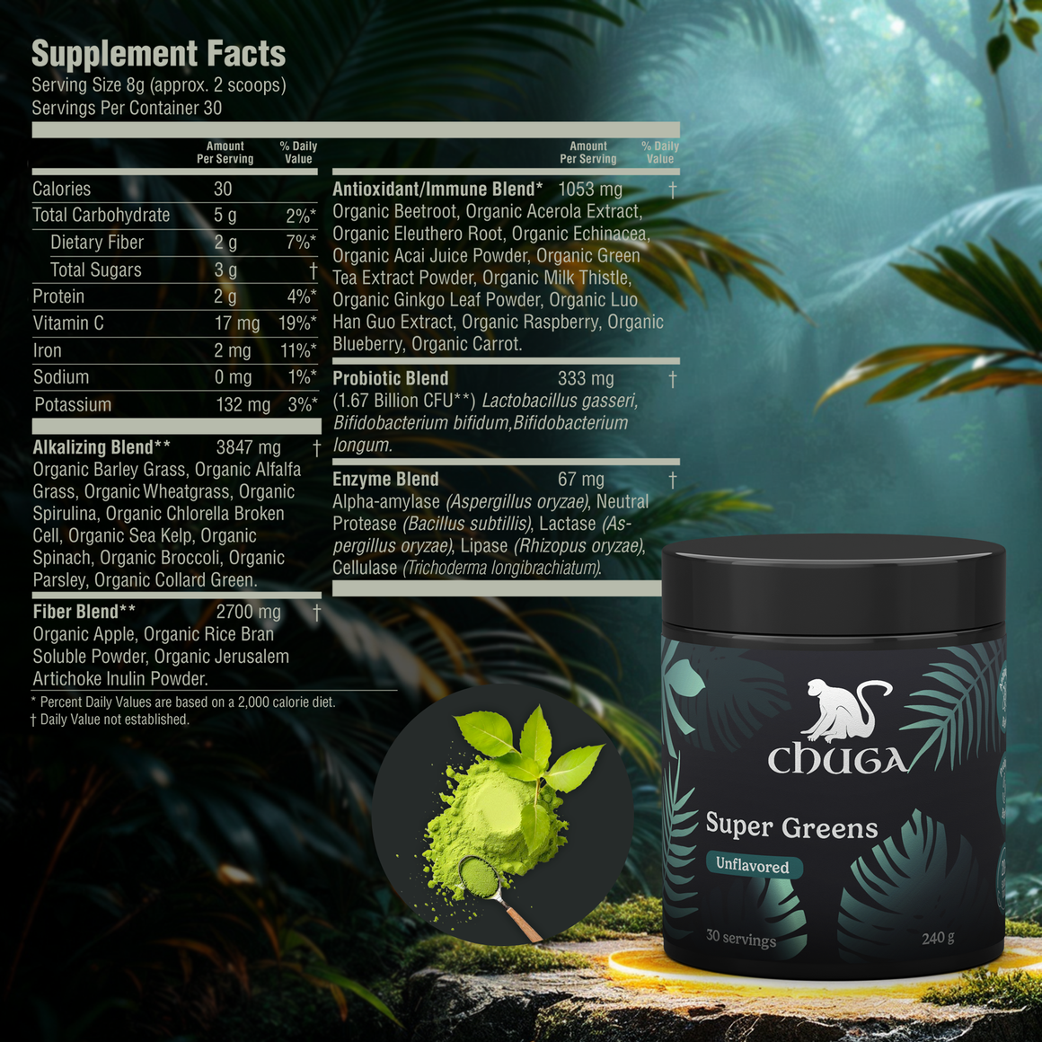 Super Greens Powder featuring 20+ organic superfoods for immune support and digestive health.