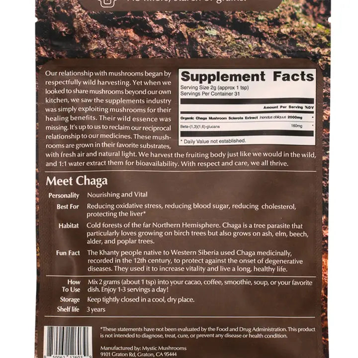 Chaga Fruiting Body  1:1 Water Extracted Organic 63g - ORA Cacao