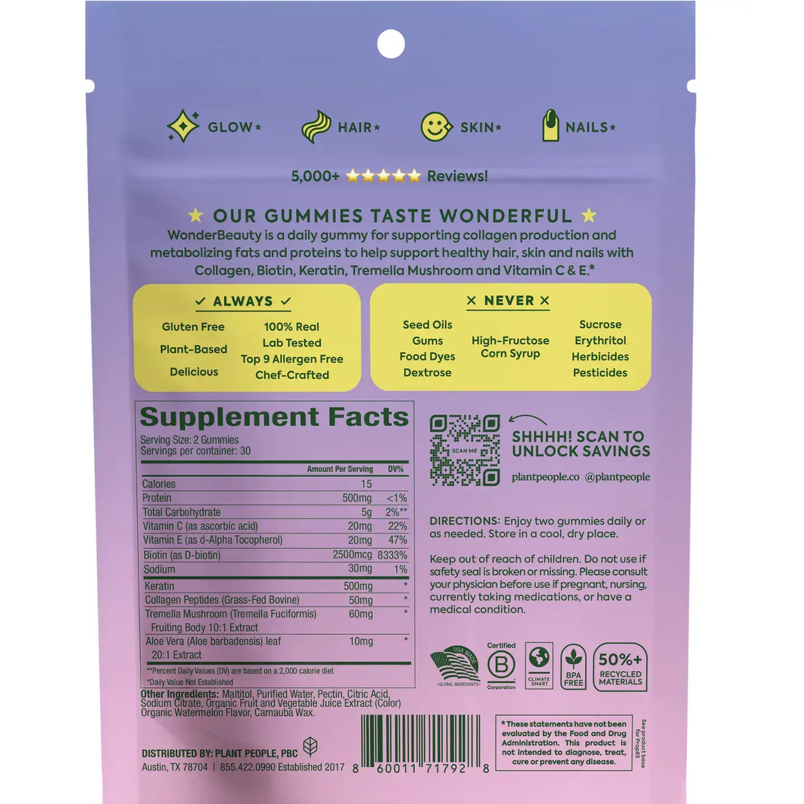 WonderBeauty Hair, Skin & Nails Gummies package featuring supplement facts and ingredients list.