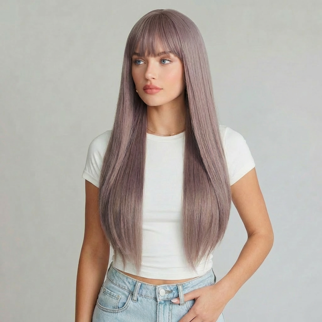 Piper long light purple wig with bangs, showcasing soft muted brown tones and a silky finish.