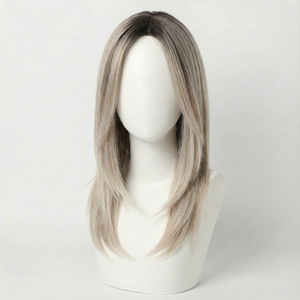 Sofia blonde layered wig with balayage showcasing a natural style with neutral brown roots and creamy blonde ends.