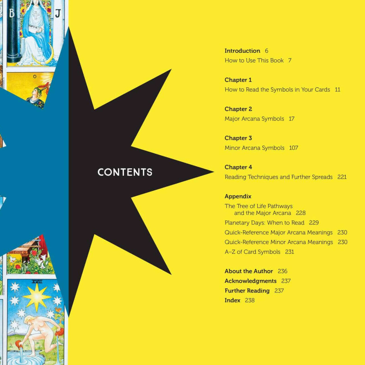 Contents page of a book with tarot card illustrations and a blue star shape.