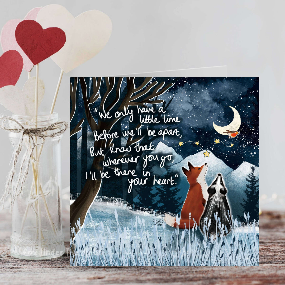 A Little Time Greeting Card featuring foxes under a starry sky with a heartfelt message by Fox Under The Moon.