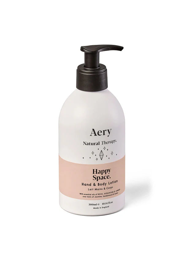 Happy Space Hand & Body Lotion- Rose Geranium and Amber - Aery Living close up