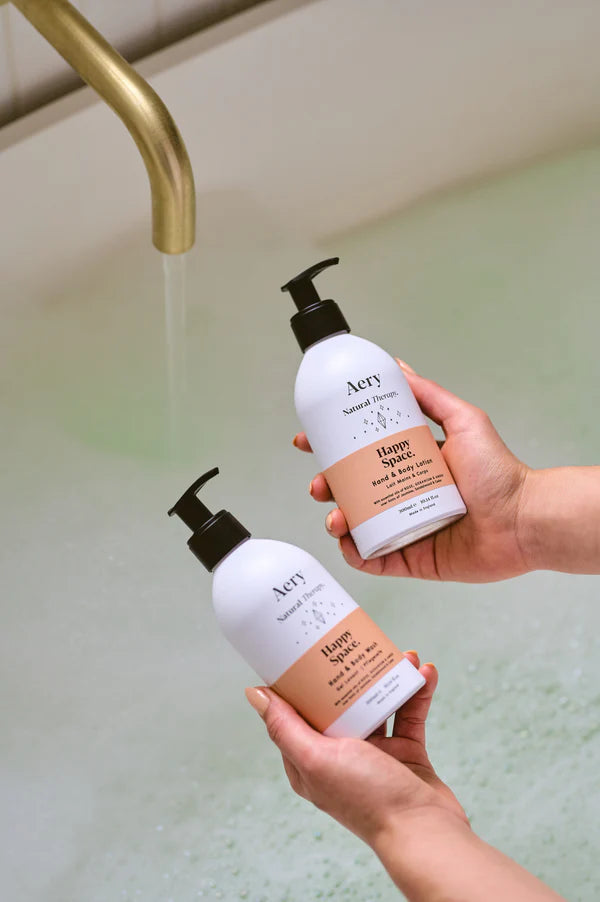 Happy Space Hand & Body Lotion- Rose Geranium and Amber - Aery Living with body wash