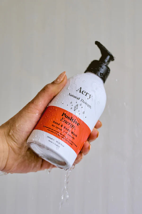 Positive Energy Hand & Body Wash- Pink Grapefruit Vetiver and Mint- Aery Living in shower