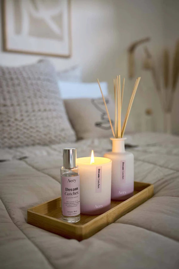 Dream Catcher Reed Diffuser - Lavender Patchouli and Orange - Aery Living with candle and room mist in bedroom