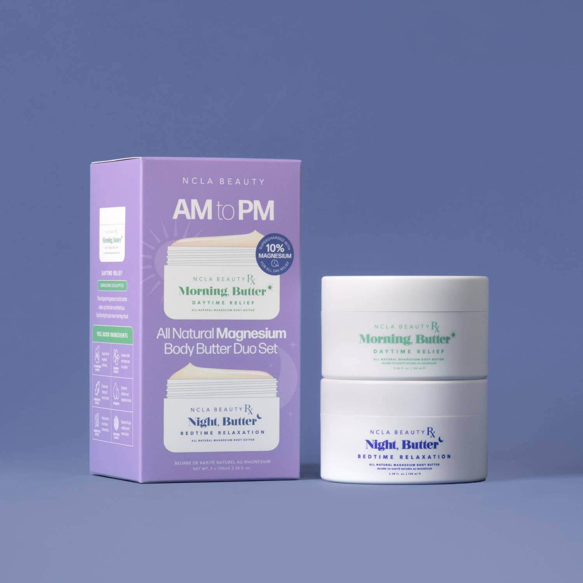 NCLA Beauty AM to PM All Natural Magnesium Body Butter Duo Set on a blue background
