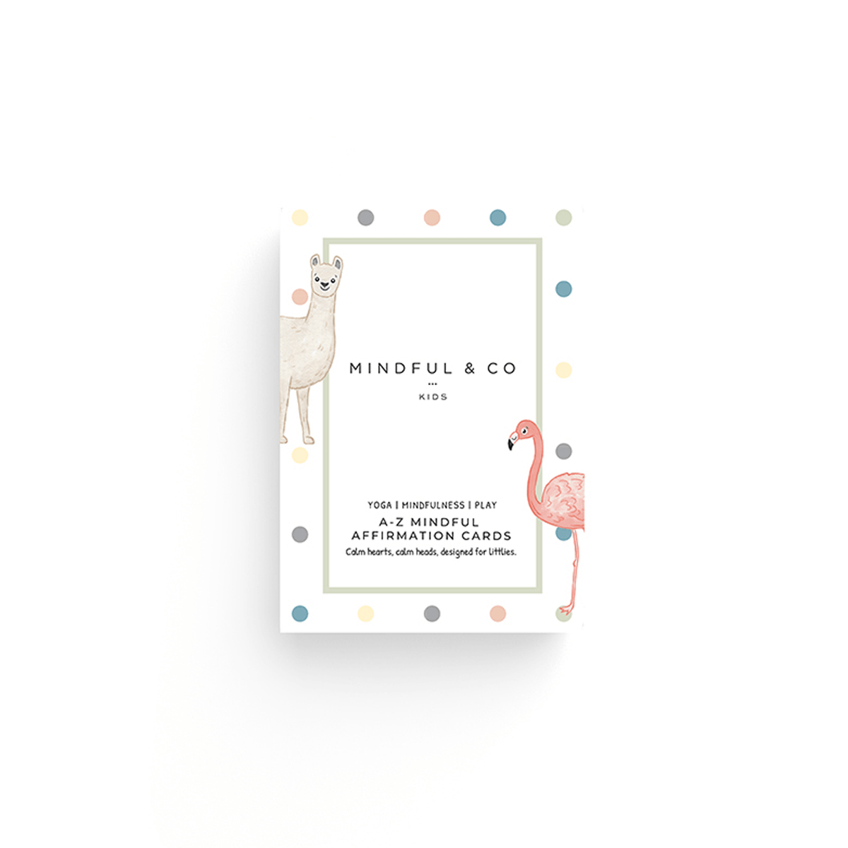 Card with llama and flamingo illustrations on a white background