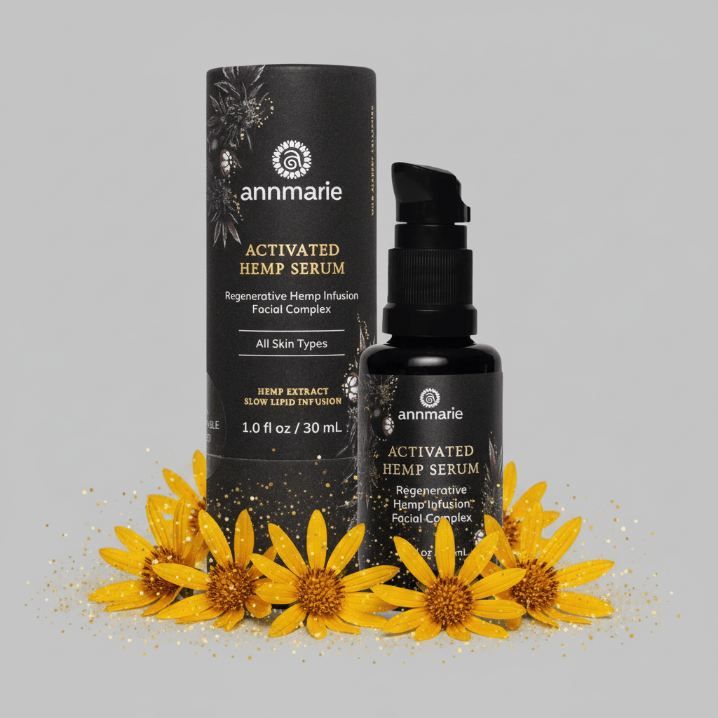 Annmarie Activated Hemp Serum packaging with yellow flowers on a gray background