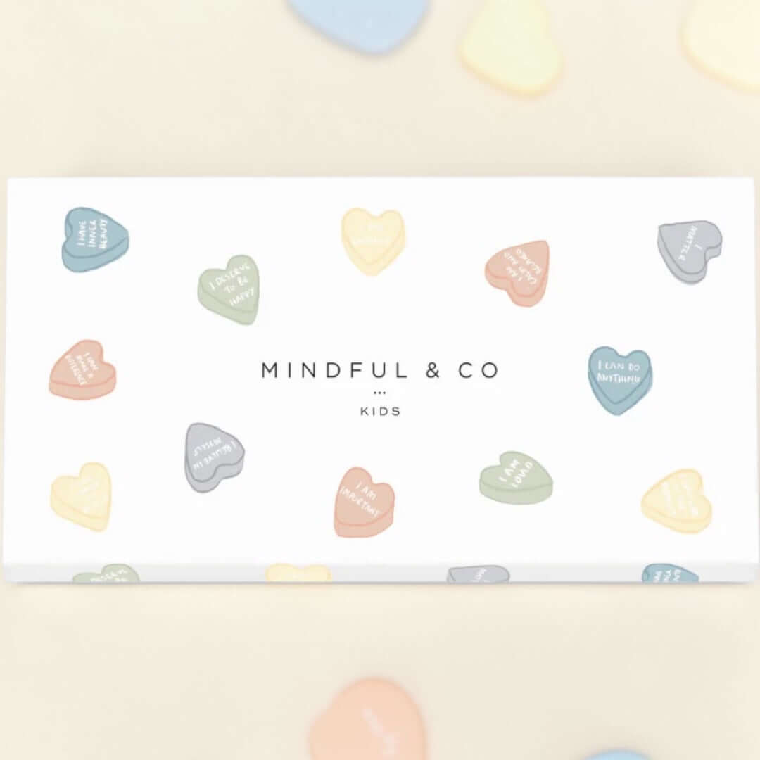 Affirmation Colouring Pencils box featuring colorful heart designs with positive messages for kids.
