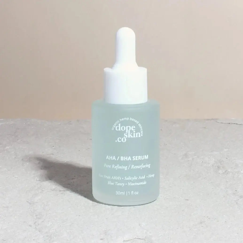 Skincare serum bottle with dropper on a neutral background