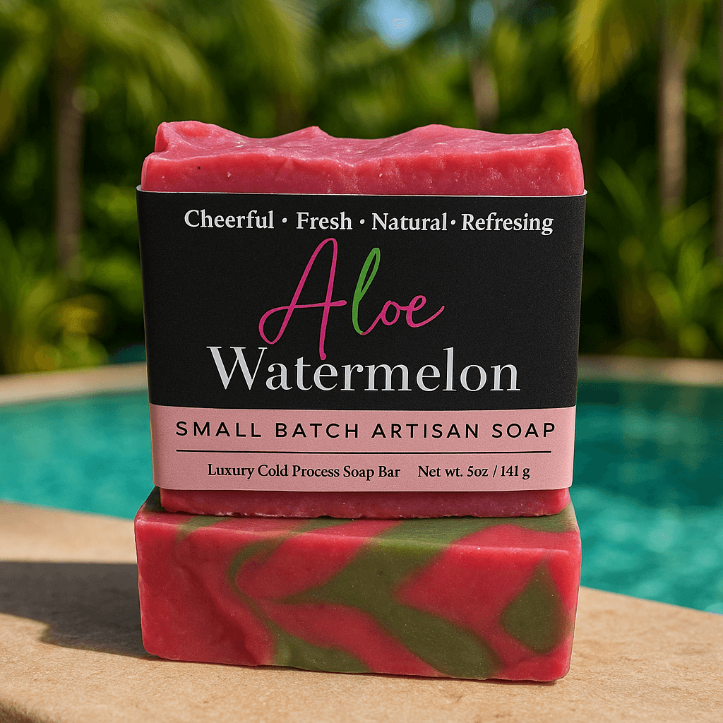 Aloe Watermelon Soap Bar - Soap Boutique, vibrant artisan soap bar by the pool, featuring red and green marbled design.