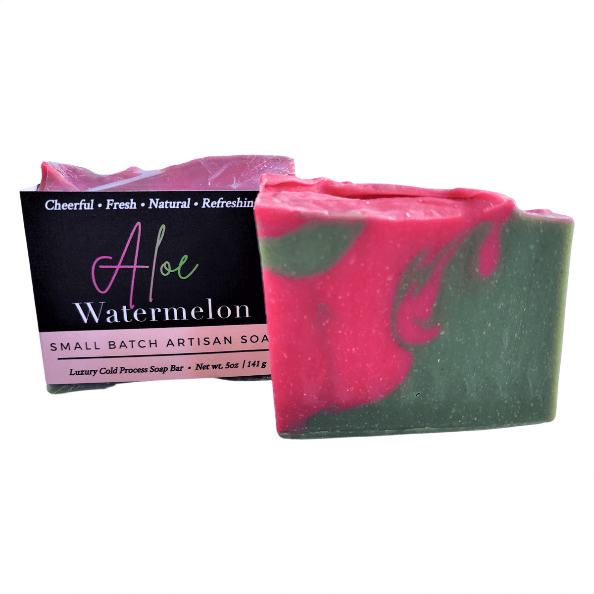 Aloe Watermelon Soap Bar - Soap Boutique, vibrant artisan soap with marbled design, 5oz handmade luxury bar.