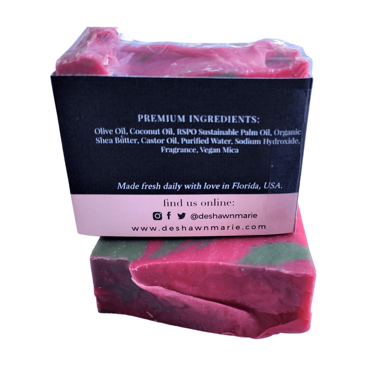 Aloe Watermelon Soap Bar - Soap Boutique displaying ingredients, including olive oil and coconut oil, with a vibrant marbled design.