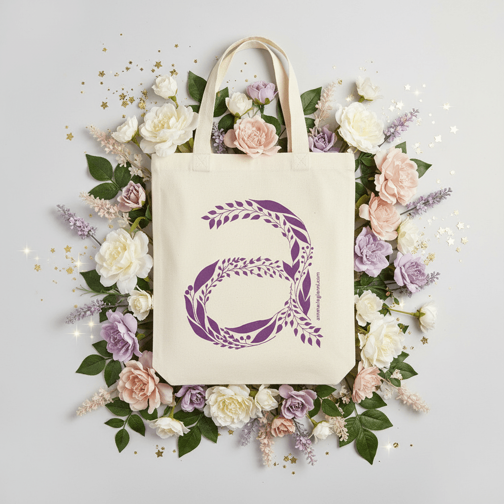 Tote bag with a purple floral design surrounded by flowers on a light gray background