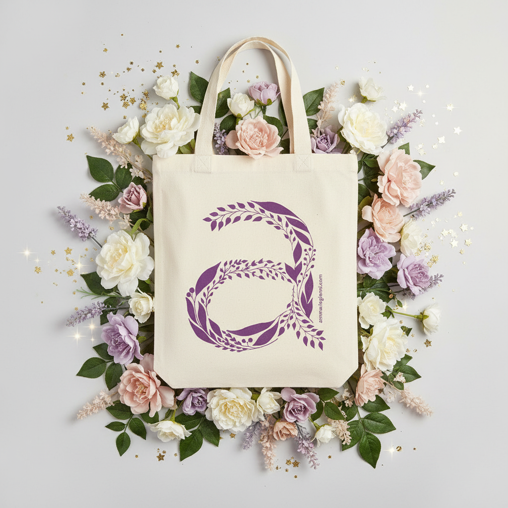Tote bag with a purple floral design surrounded by flowers on a light gray background