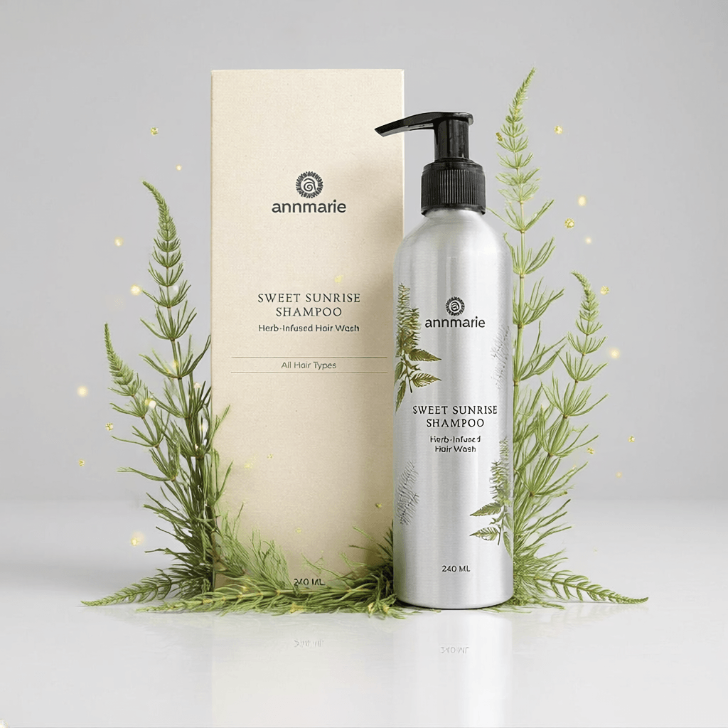 annmarie Sweet Sunrise Shampoo bottle and packaging with greenery on a light gray background