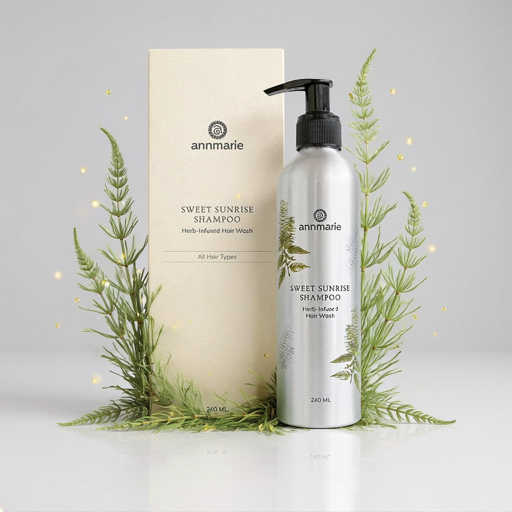 annmarie Sweet Sunrise Shampoo bottle and packaging with greenery on a light gray background