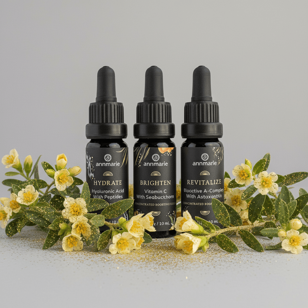 Three Annmarie skincare dropper bottles with floral decorations on a light gray background
