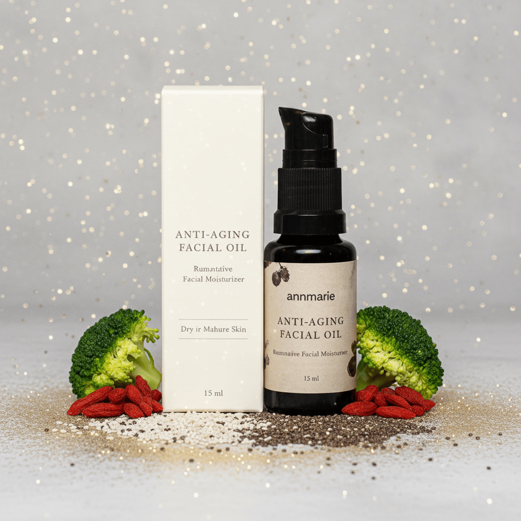 Anti-aging facial oil bottle and packaging with broccoli and goji berries on a glittery background