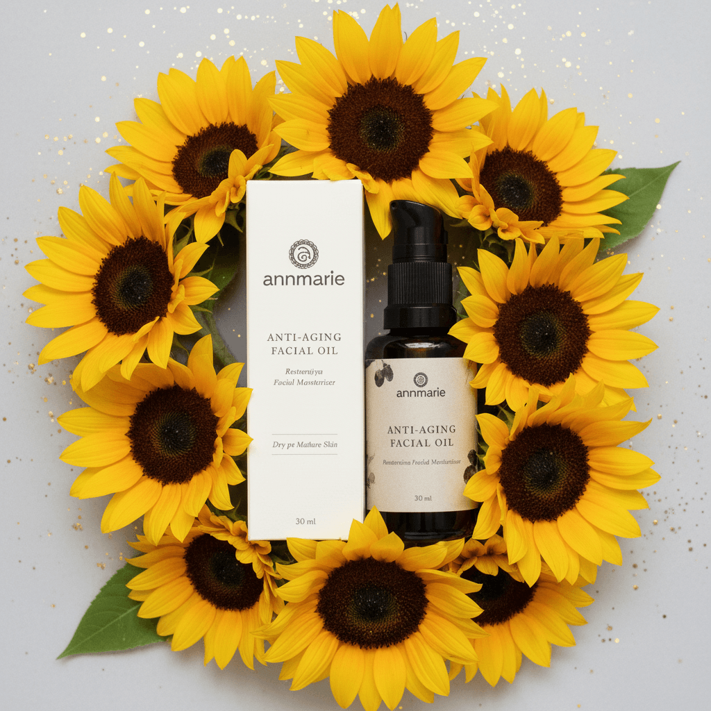 annmarie anti-aging facial oil with sunflowers on a light gray background