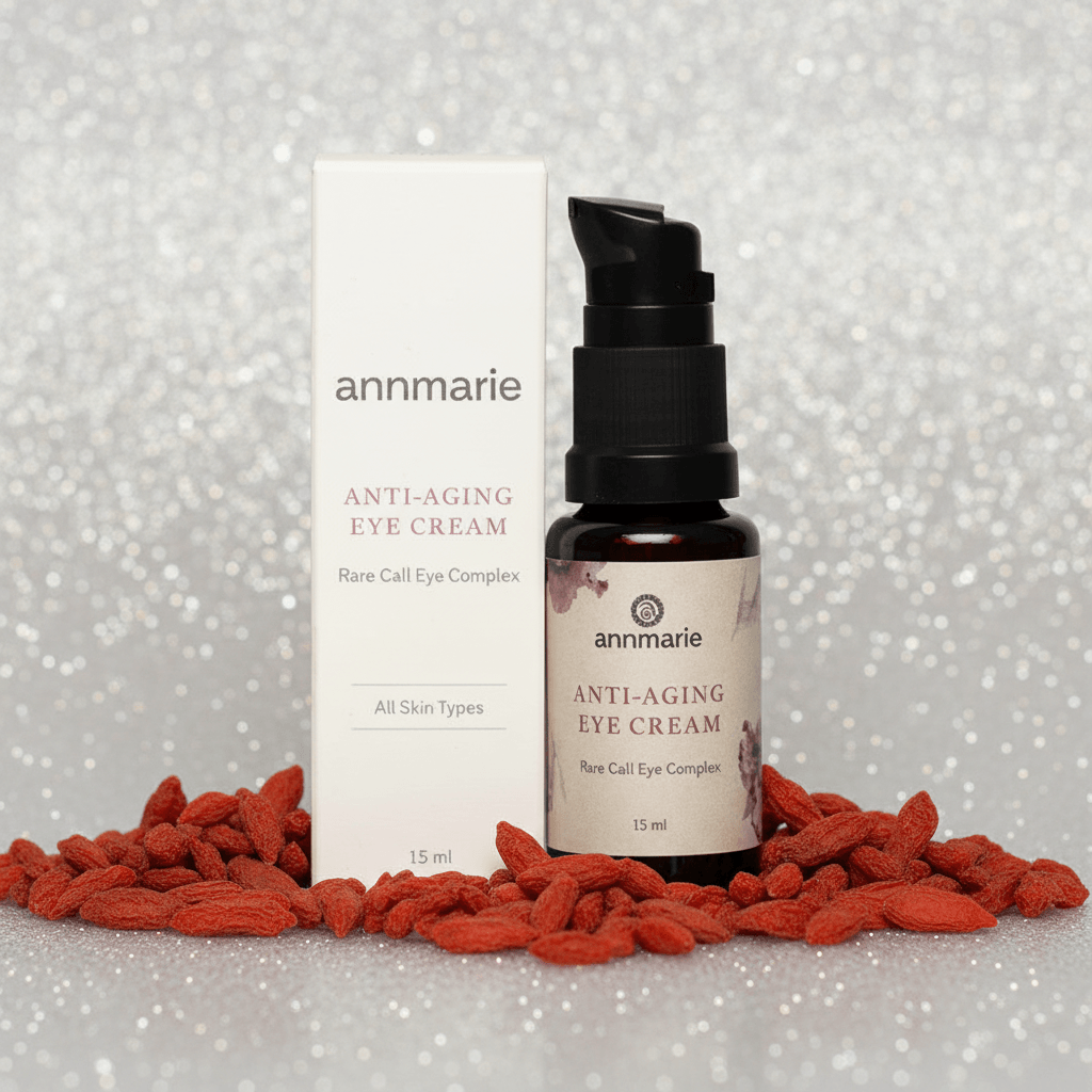 Annmarie Anti-Aging Eye Cream bottle and packaging on a textured surface with red elements.