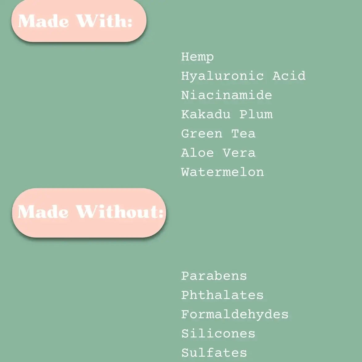 List of ingredients and their absence on a green background