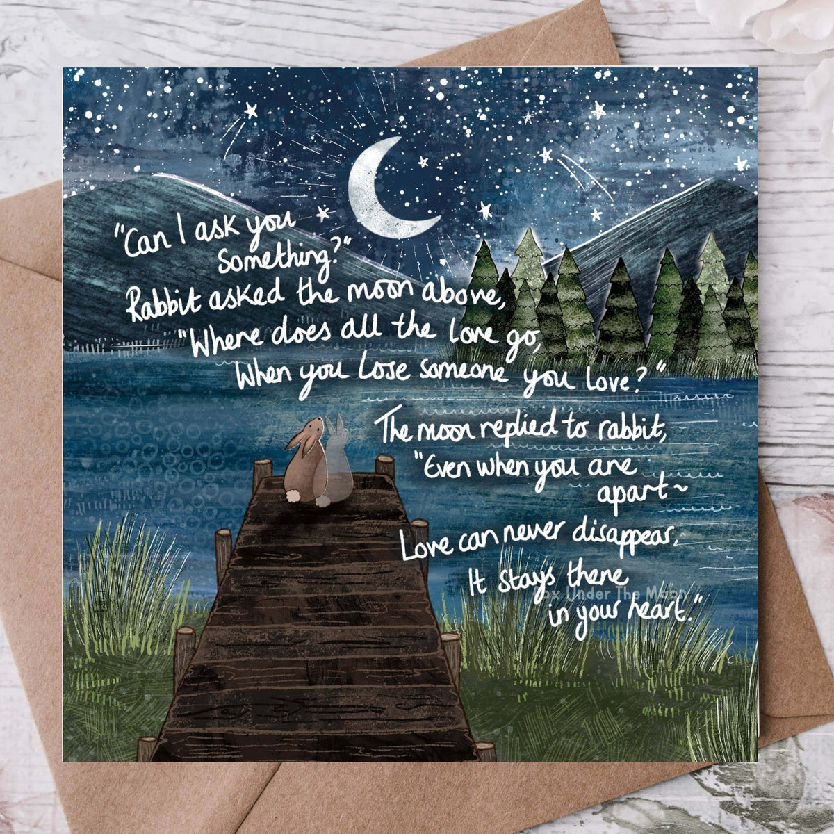 'Apart' - Greeting Card by Fox Under The Moon featuring a heartfelt moonlit scene and meaningful message.