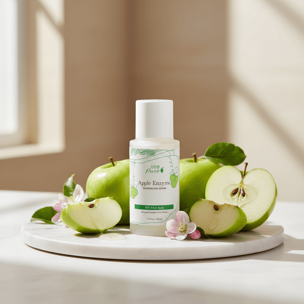 Bottle of 'Pure' Apple Enzyme product with green apples on a marble surface