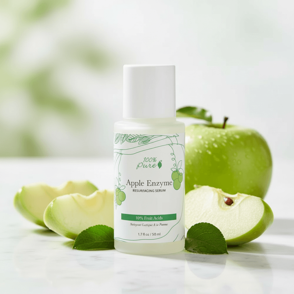Bottle of Apple Enzyme Resurfacing Serum with green apples on a light background