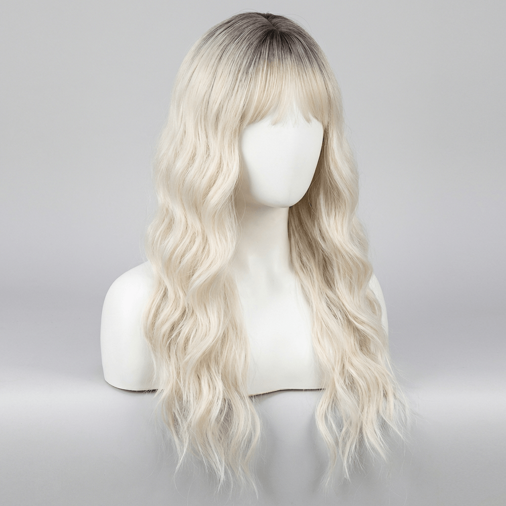 Blaire Ash Blonde Beach Wave Synthetic Wig with Bangs displayed on a mannequin with long, tousled waves and a shadow root.