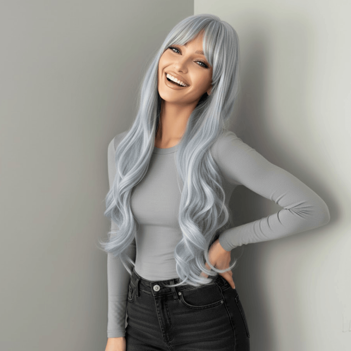 Model wearing a long pastel blue wig, showcasing cascading waves and a stylish outfit, perfect for bold looks.