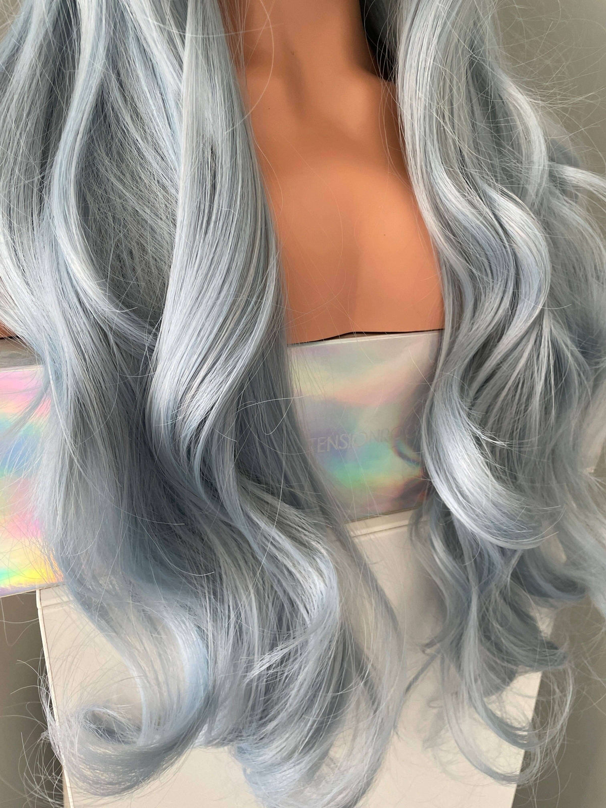 Azura Long Pastel Blue Wig featuring long cascading waves in a soft powder blue shade.